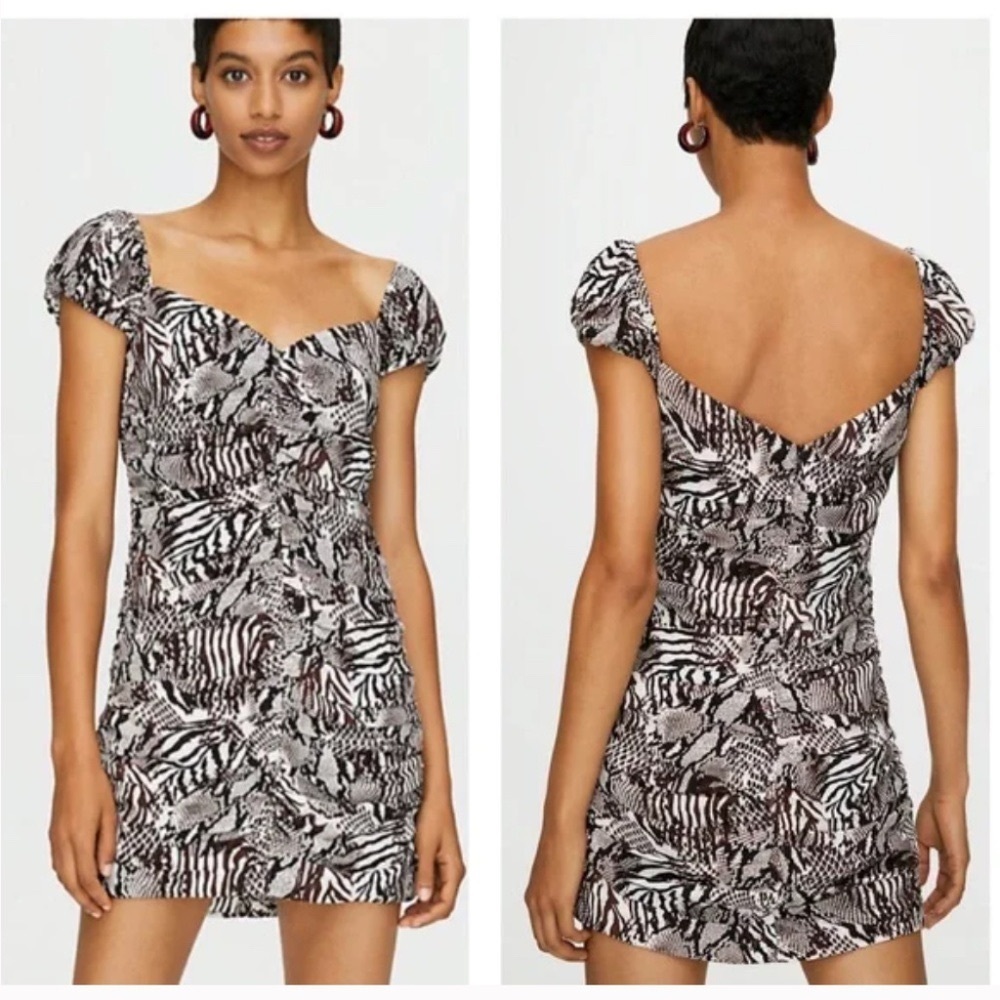 NWOT Aritzia Wilfred Veda Animal Snake Zebra Print Ruched Open Back Mini Dress 2